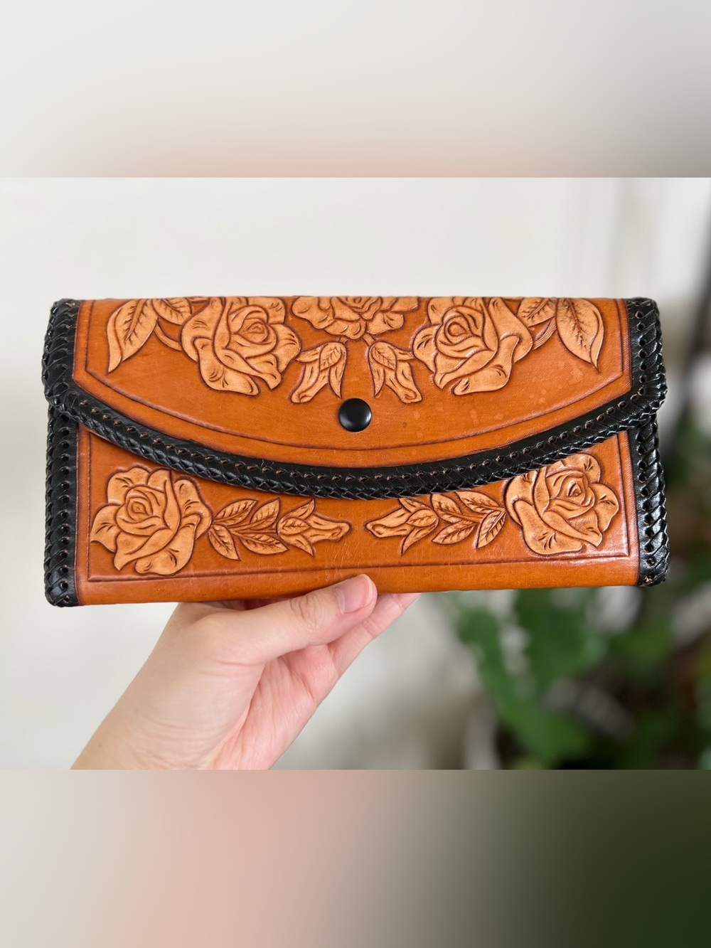 Floral Tooled Leather Clutch Wallet with Black Trim